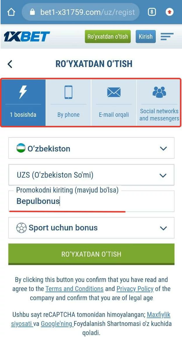 1xBet O'zbekistonda registratsiya