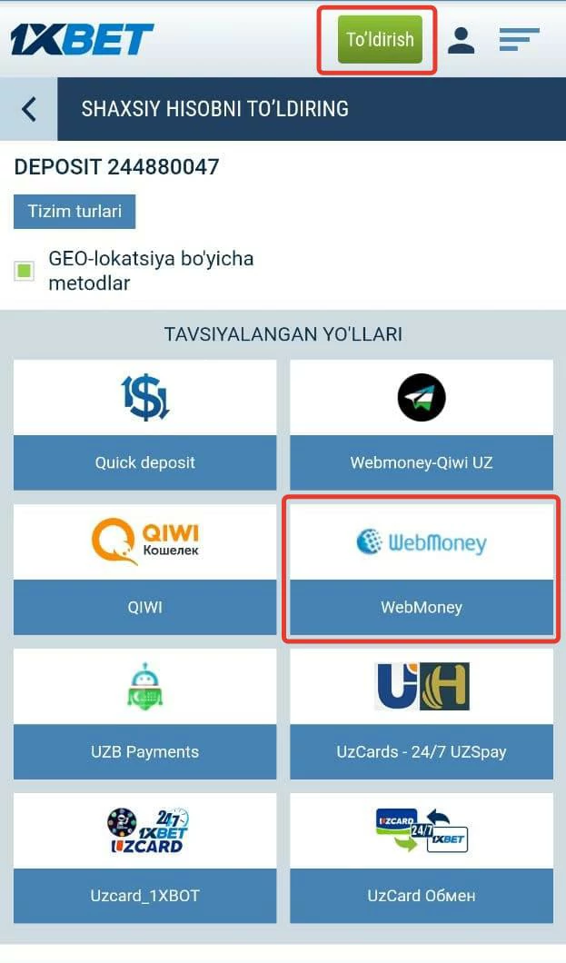 1xBet hisobni to'ldirish