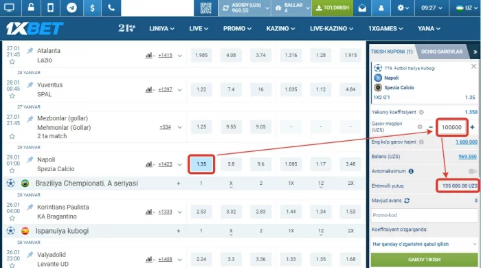 1xbet-da futbolga pul tikish