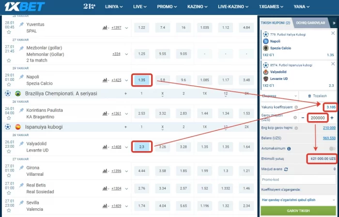 1xbet futbolga stavka qilish
