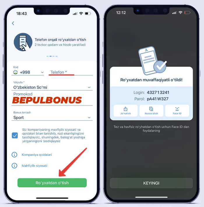 1xbetda telefon orqali akkaunt ochish