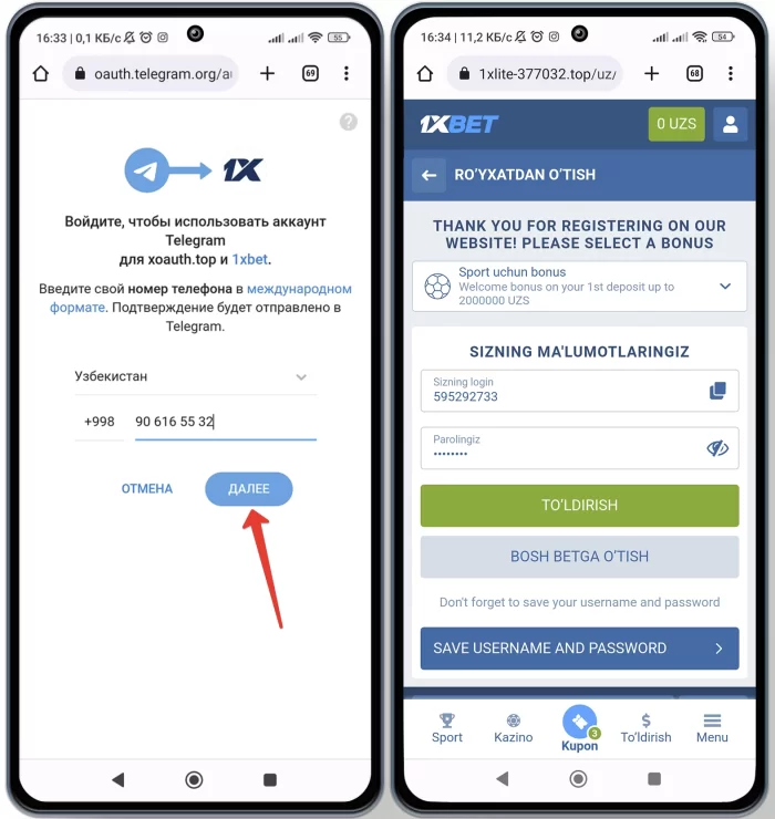 1xbet mobil programmasida telegram, facebook orqali kirish va kabinet yaratish