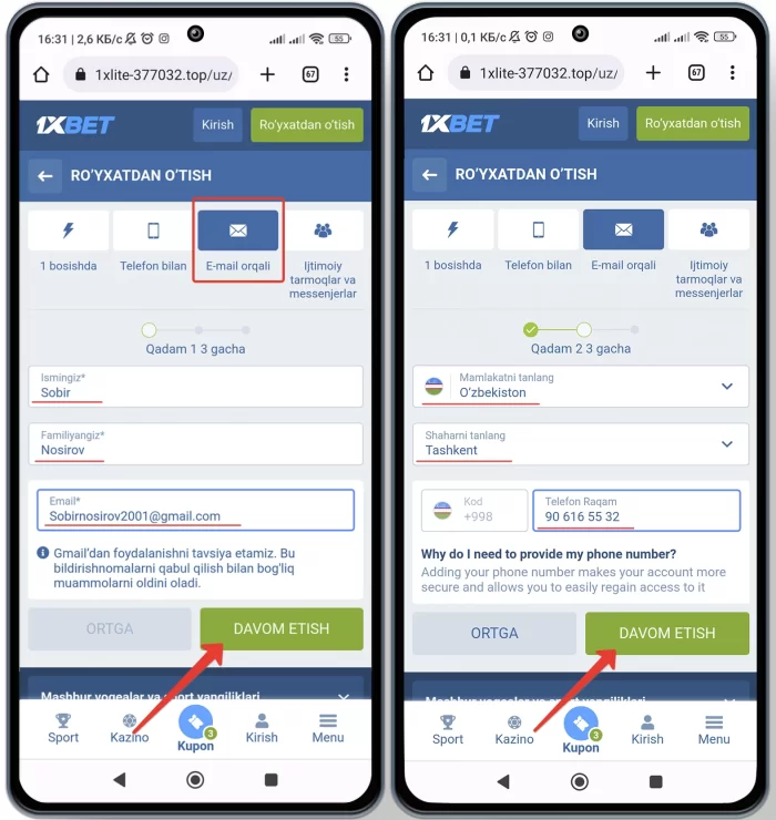 1 xbet saytida elektron pochta orqali to'liq registraciya qilish