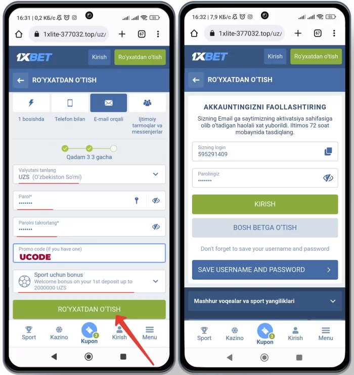 1x bet com rasmiy saytiga kirish va shaxsiy kabinet ochish va UZCODE promo bonusini olish