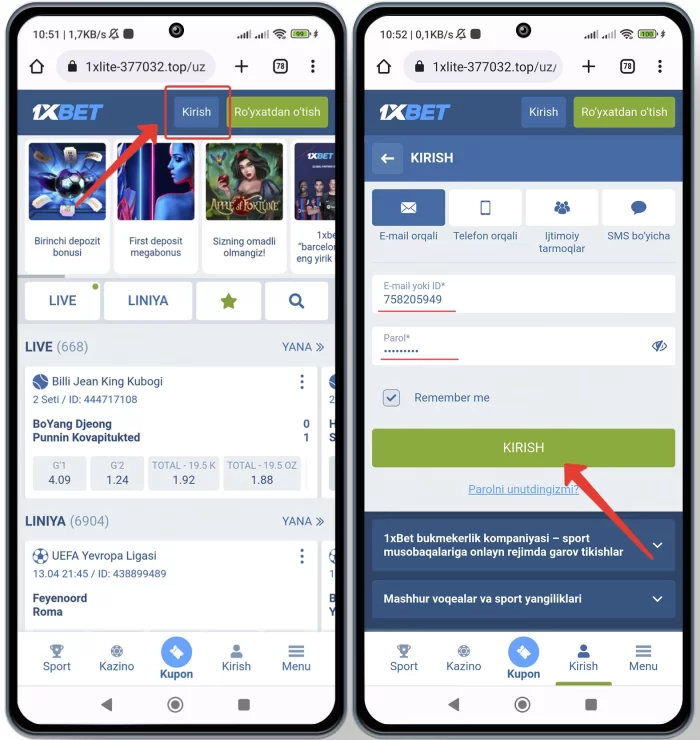 1xbet shaxsiy kabinetga telefon orqali kirish