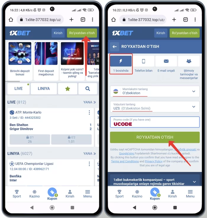 1xbet kirish va 1 bosishda registratsiya qilish