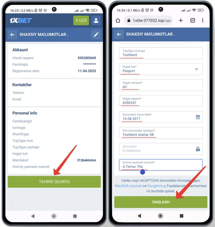 1xbet ma'lumotlarni to'ldirish va pul ishlash
