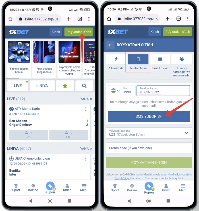 Telefon orqali 1xbet saytiga kirish