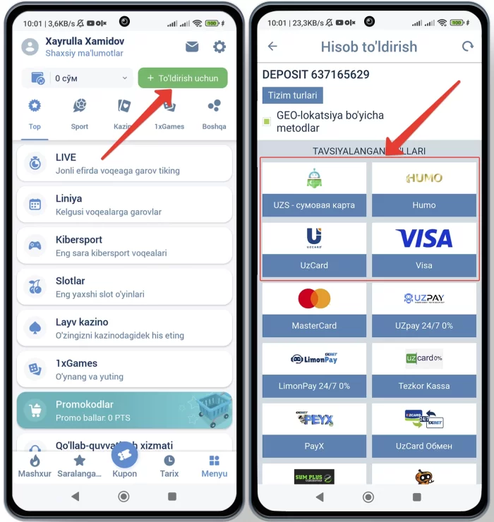 Qanday 1xbetga pul kiritish mumkin