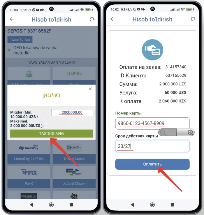 1xbetda humo orqali pul to'ldirish