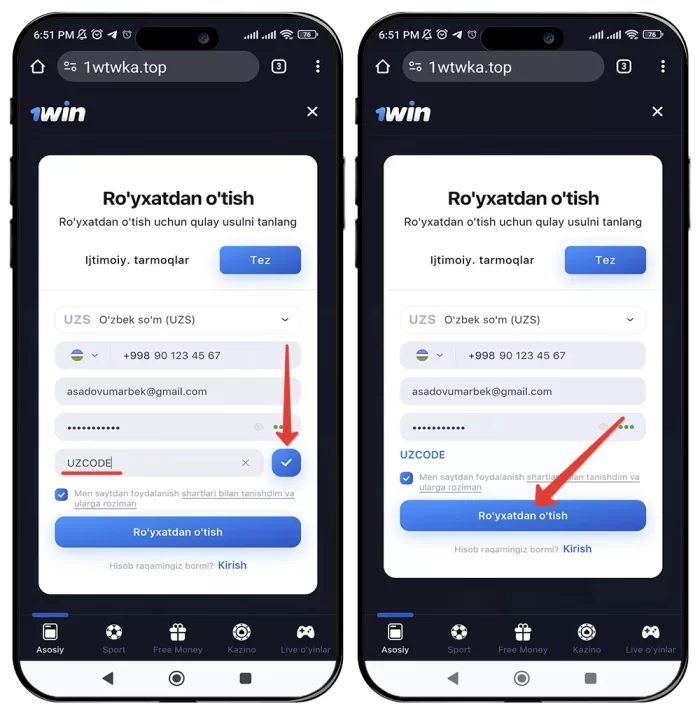 1win akkaunt ochish