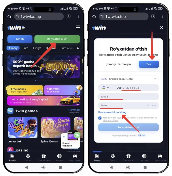 1win uz saytida ro'yxatdan o'tish