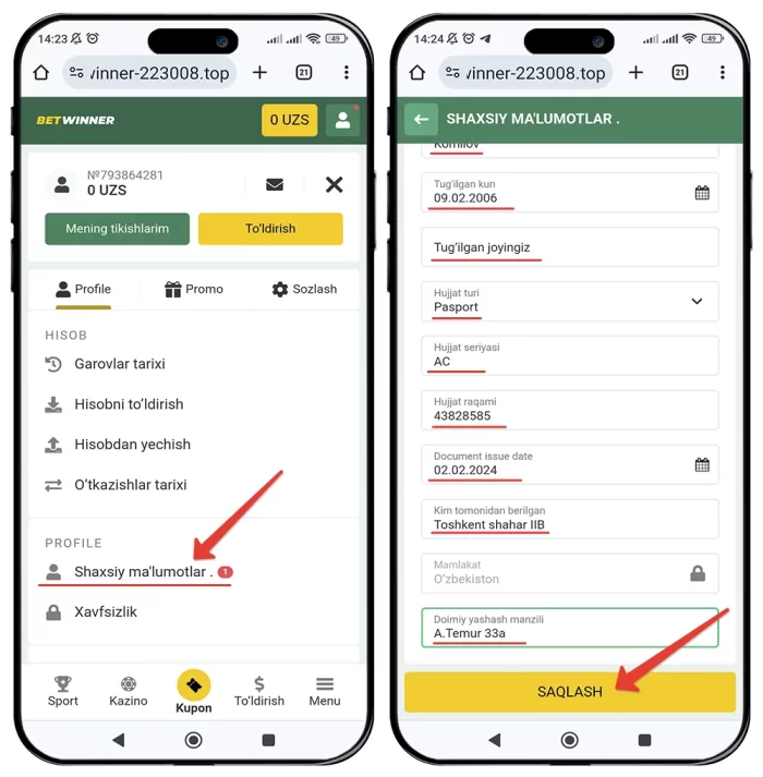 Betwinner shaxsiy ma'lumotlarni kiritish Betwinner shaxsiy profil to'ldirish