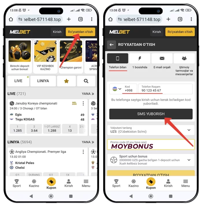 Melbet akkaunt telefon orqali yaratish