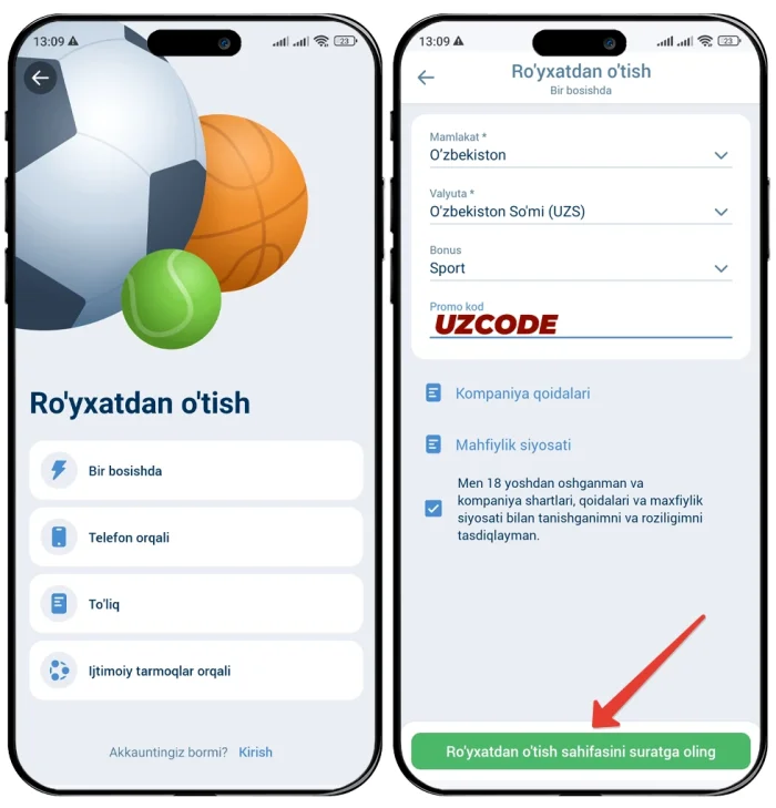 1xbet ilovasida registratsiya qilish