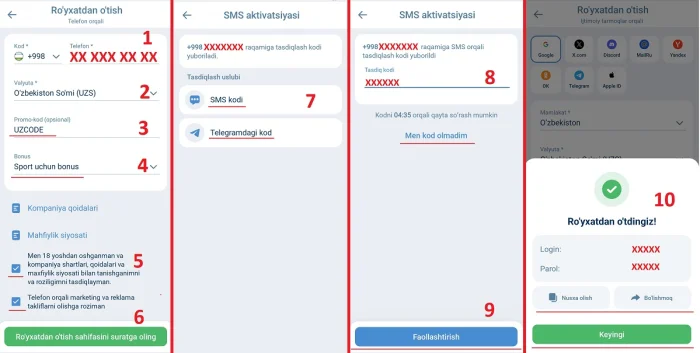1xbet apk ilovasida ro'yxatdan o'tish